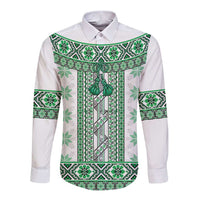 Ukraine Long Sleeve Button Shirt Traditional Braided Rope Belt Green Folk Pattern