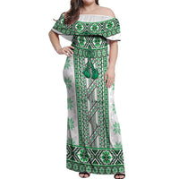 Ukraine Off Shoulder Maxi Dress Traditional Braided Rope Belt Green Folk Pattern