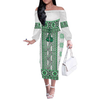 Ukraine Off The Shoulder Long Sleeve Dress Traditional Braided Rope Belt Green Folk Pattern