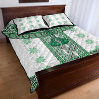 Ukraine Quilt Bed Set Traditional Braided Rope Belt Green Folk Pattern