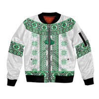 Ukraine Sleeve Zip Bomber Jacket Traditional Braided Rope Belt Green Folk Pattern