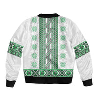 Ukraine Sleeve Zip Bomber Jacket Traditional Braided Rope Belt Green Folk Pattern
