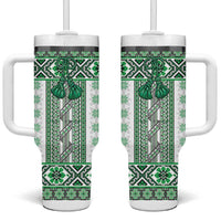 Ukraine Tumbler With Handle Traditional Braided Rope Belt Green Folk Pattern
