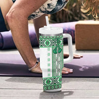 Ukraine Tumbler With Handle Traditional Braided Rope Belt Green Folk Pattern