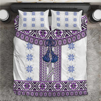 Ukraine Bedding Set Traditional Braided Rope Belt Purple Folk Pattern