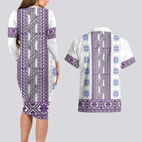 Ukraine Couples Matching Long Sleeve Bodycon Dress and Hawaiian Shirt Traditional Braided Rope Belt Purple Folk Pattern