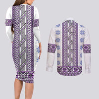 Ukraine Couples Matching Long Sleeve Bodycon Dress and Long Sleeve Button Shirt Traditional Braided Rope Belt Purple Folk Pattern