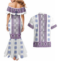Ukraine Couples Matching Mermaid Dress and Hawaiian Shirt Traditional Braided Rope Belt Purple Folk Pattern
