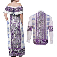 Ukraine Couples Matching Off Shoulder Maxi Dress and Long Sleeve Button Shirt Traditional Braided Rope Belt Purple Folk Pattern