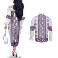 Ukraine Couples Matching Off The Shoulder Long Sleeve Dress and Long Sleeve Button Shirt Traditional Braided Rope Belt Purple Folk Pattern