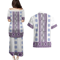 Ukraine Couples Matching Puletasi and Hawaiian Shirt Traditional Braided Rope Belt Purple Folk Pattern