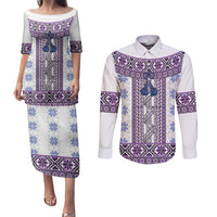 Ukraine Couples Matching Puletasi and Long Sleeve Button Shirt Traditional Braided Rope Belt Purple Folk Pattern