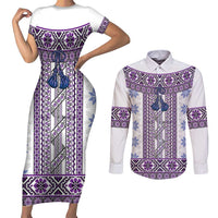 Ukraine Couples Matching Short Sleeve Bodycon Dress and Long Sleeve Button Shirt Traditional Braided Rope Belt Purple Folk Pattern