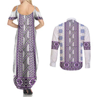 Ukraine Couples Matching Summer Maxi Dress and Long Sleeve Button Shirt Traditional Braided Rope Belt Purple Folk Pattern