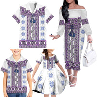 Ukraine Family Matching Off The Shoulder Long Sleeve Dress and Hawaiian Shirt Traditional Braided Rope Belt Purple Folk Pattern