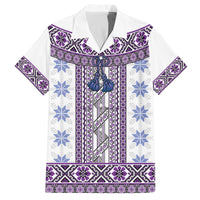 Ukraine Family Matching Off The Shoulder Long Sleeve Dress and Hawaiian Shirt Traditional Braided Rope Belt Purple Folk Pattern