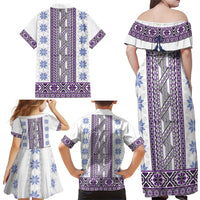 Ukraine Family Matching Off Shoulder Maxi Dress and Hawaiian Shirt Traditional Braided Rope Belt Purple Folk Pattern