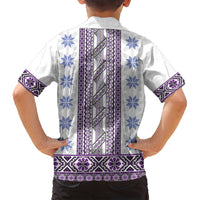Ukraine Family Matching Off Shoulder Short Dress and Hawaiian Shirt Traditional Braided Rope Belt Purple Folk Pattern