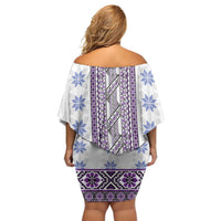 Ukraine Family Matching Off Shoulder Short Dress and Hawaiian Shirt Traditional Braided Rope Belt Purple Folk Pattern