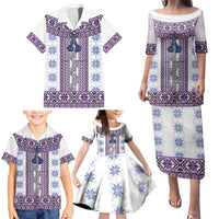 Ukraine Family Matching Puletasi and Hawaiian Shirt Traditional Braided Rope Belt Purple Folk Pattern