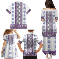 Ukraine Family Matching Puletasi and Hawaiian Shirt Traditional Braided Rope Belt Purple Folk Pattern