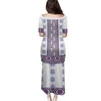 Ukraine Family Matching Puletasi and Hawaiian Shirt Traditional Braided Rope Belt Purple Folk Pattern