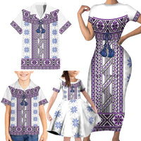 Ukraine Family Matching Short Sleeve Bodycon Dress and Hawaiian Shirt Traditional Braided Rope Belt Purple Folk Pattern