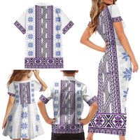 Ukraine Family Matching Short Sleeve Bodycon Dress and Hawaiian Shirt Traditional Braided Rope Belt Purple Folk Pattern