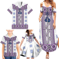 Ukraine Family Matching Summer Maxi Dress and Hawaiian Shirt Traditional Braided Rope Belt Purple Folk Pattern