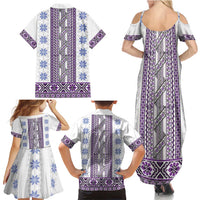 Ukraine Family Matching Summer Maxi Dress and Hawaiian Shirt Traditional Braided Rope Belt Purple Folk Pattern