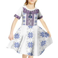 Ukraine Kid Short Sleeve Dress Traditional Braided Rope Belt Purple Folk Pattern