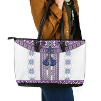 Ukraine Leather Tote Bag Traditional Braided Rope Belt Purple Folk Pattern