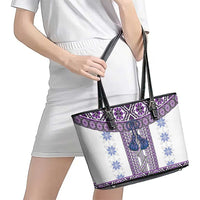 Ukraine Leather Tote Bag Traditional Braided Rope Belt Purple Folk Pattern