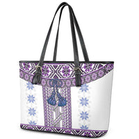 Ukraine Leather Tote Bag Traditional Braided Rope Belt Purple Folk Pattern