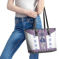 Ukraine Leather Tote Bag Traditional Braided Rope Belt Purple Folk Pattern