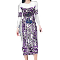 Ukraine Long Sleeve Bodycon Dress Traditional Braided Rope Belt Purple Folk Pattern