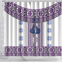 Ukraine Shower Curtain Traditional Braided Rope Belt Purple Folk Pattern