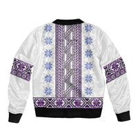 Ukraine Sleeve Zip Bomber Jacket Traditional Braided Rope Belt Purple Folk Pattern
