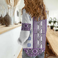 Ukraine Women Casual Shirt Traditional Braided Rope Belt Purple Folk Pattern