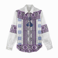Ukraine Women Casual Shirt Traditional Braided Rope Belt Purple Folk Pattern