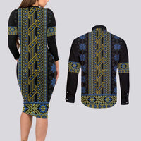 Ukraine Couples Matching Long Sleeve Bodycon Dress and Long Sleeve Button Shirt Traditional Braided Rope Belt Folk Pattern National Color