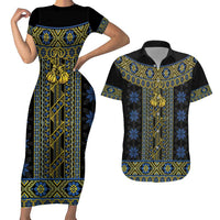 Ukraine Couples Matching Short Sleeve Bodycon Dress and Hawaiian Shirt Traditional Braided Rope Belt Folk Pattern National Color
