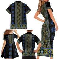 Ukraine Family Matching Short Sleeve Bodycon Dress and Hawaiian Shirt Traditional Braided Rope Belt Folk Pattern National Color