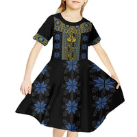 Ukraine Kid Short Sleeve Dress Traditional Braided Rope Belt Folk Pattern National Color