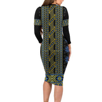 Ukraine Long Sleeve Bodycon Dress Traditional Braided Rope Belt Folk Pattern National Color