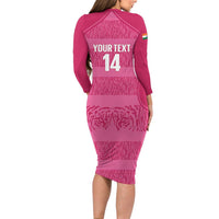 Custom India Football 2026 Long Sleeve Bodycon Dress Come On Blue Tigresses - Pink Version