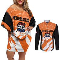 Custom Netherlands Darts Couples Matching Off Shoulder Short Dress and Long Sleeve Button Shirt Come On Holland