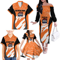 Custom Netherlands Darts Family Matching Off The Shoulder Long Sleeve Dress and Hawaiian Shirt Come On Holland