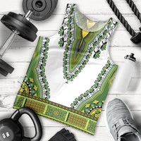 Men's dashiki tank top, white base with green patterned trim and V neckline