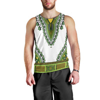 Men's dashiki tank top, white with green V neckline and ornate border print